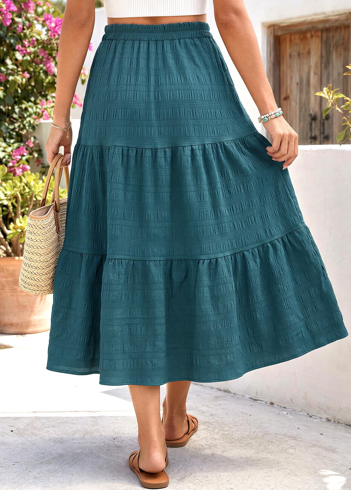 Blackish Green A Line Elastic Waist Skirt