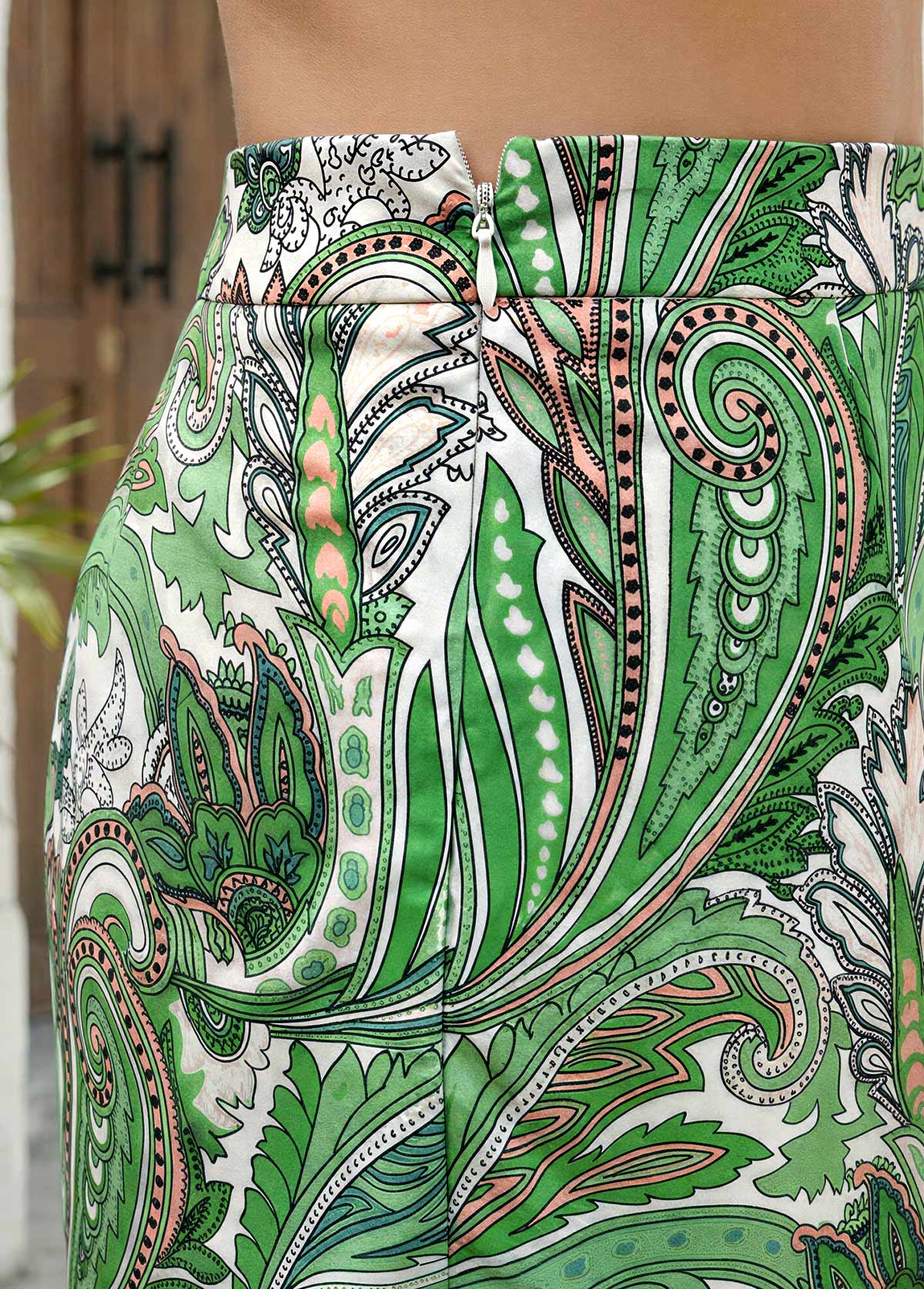 Plants Print Green Zipper Fly High Waisted Shorts