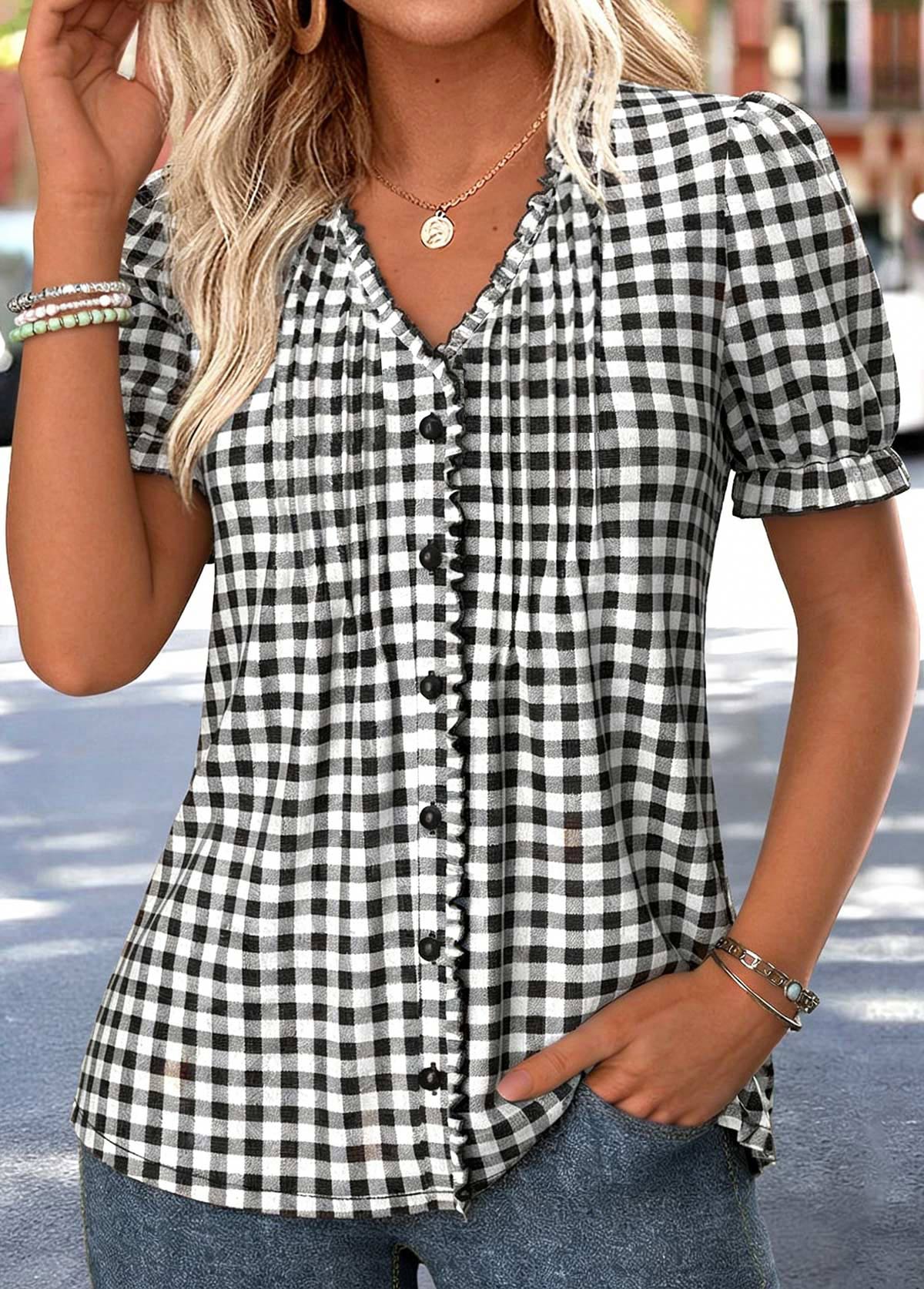 Plaid Tummy Coverage Black Short Sleeve V Neck Blouse