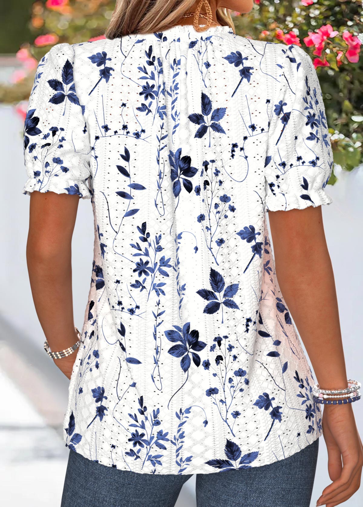 Floral Print Frill Navy Short Sleeve T Shirt