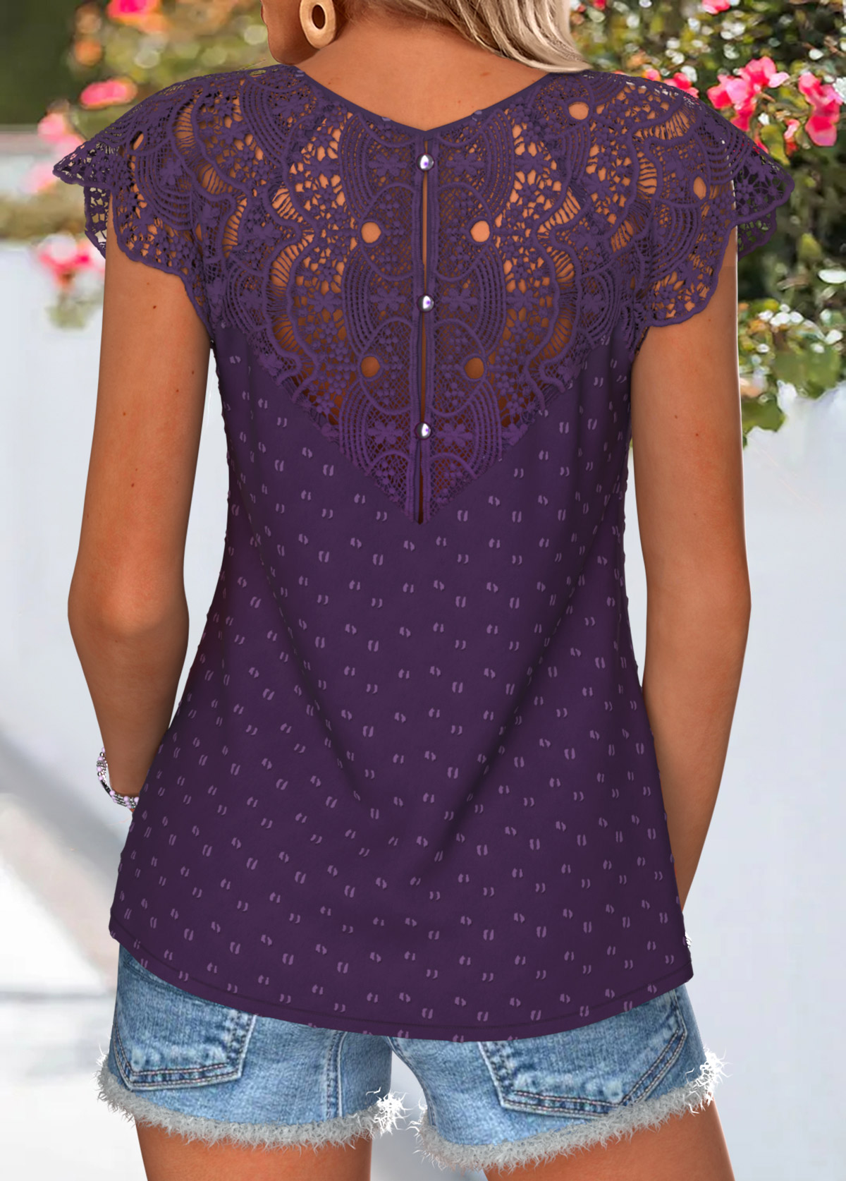 Curved Hem Purple Short Sleeve Split Neck T Shirt