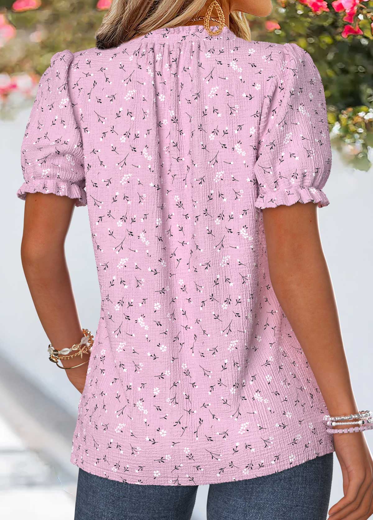Floral Print Frill Dusty Purple Short Sleeve T Shirt