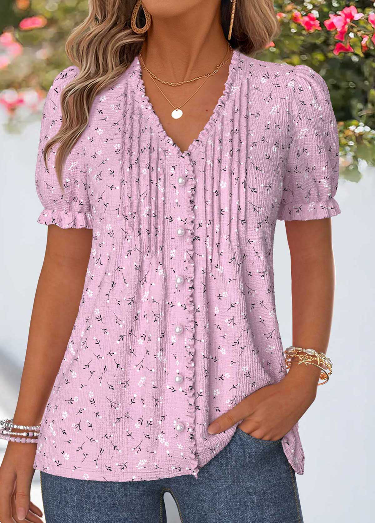 Floral Print Frill Dusty Purple Short Sleeve T Shirt