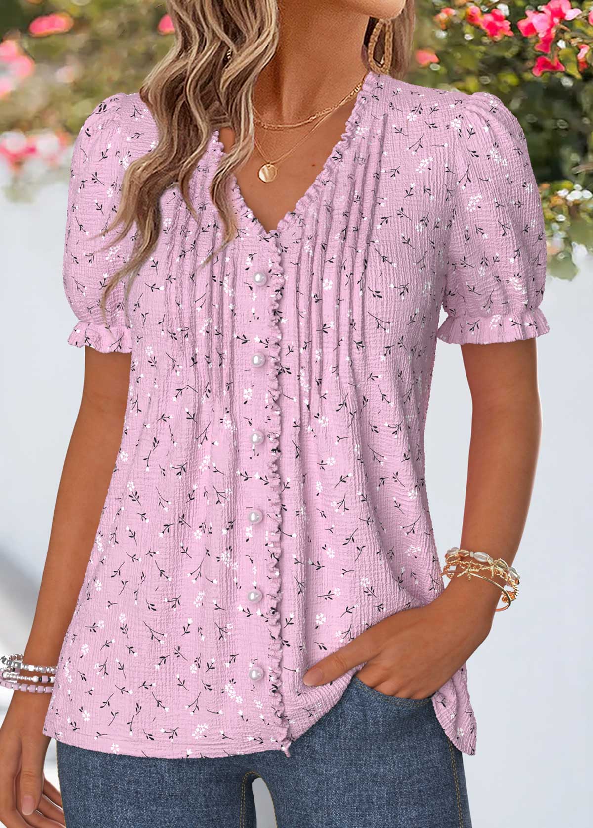Floral Print Frill Dusty Purple Short Sleeve T Shirt