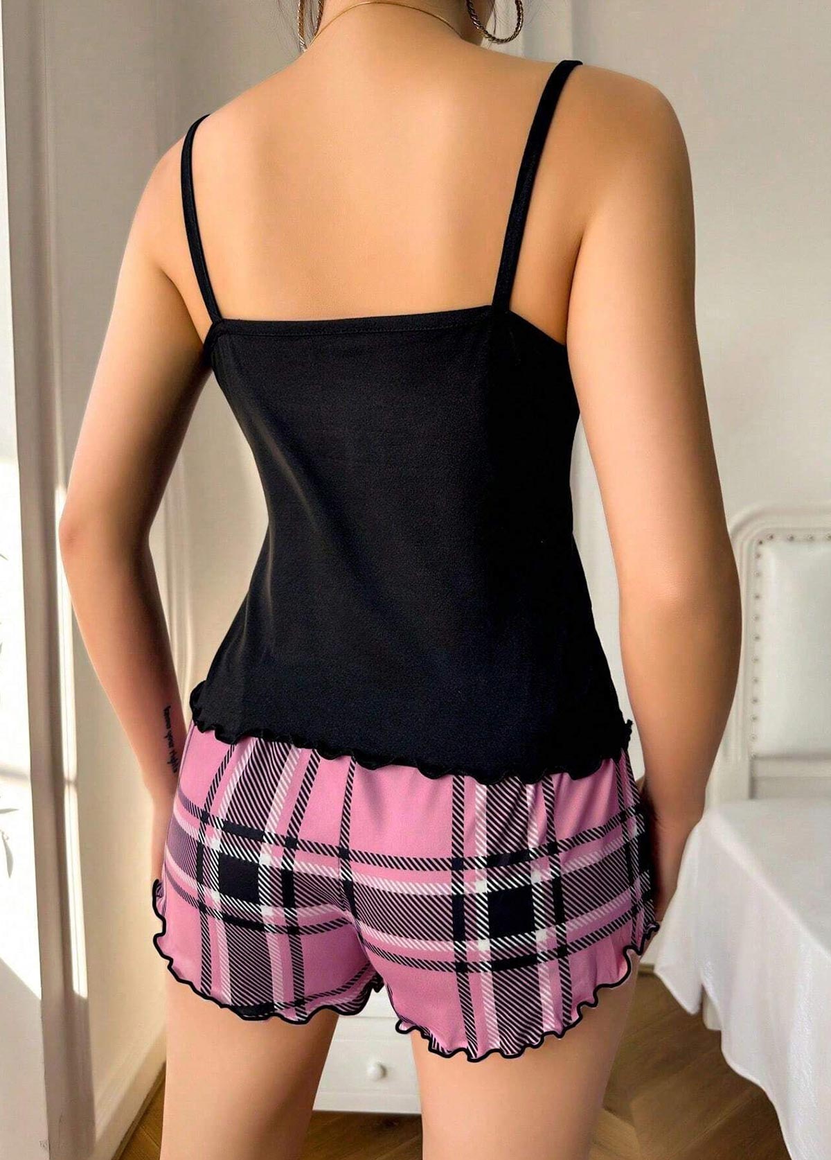 Plaid Pink Scoop Neck Sleeveless Lounge Top and Shorts