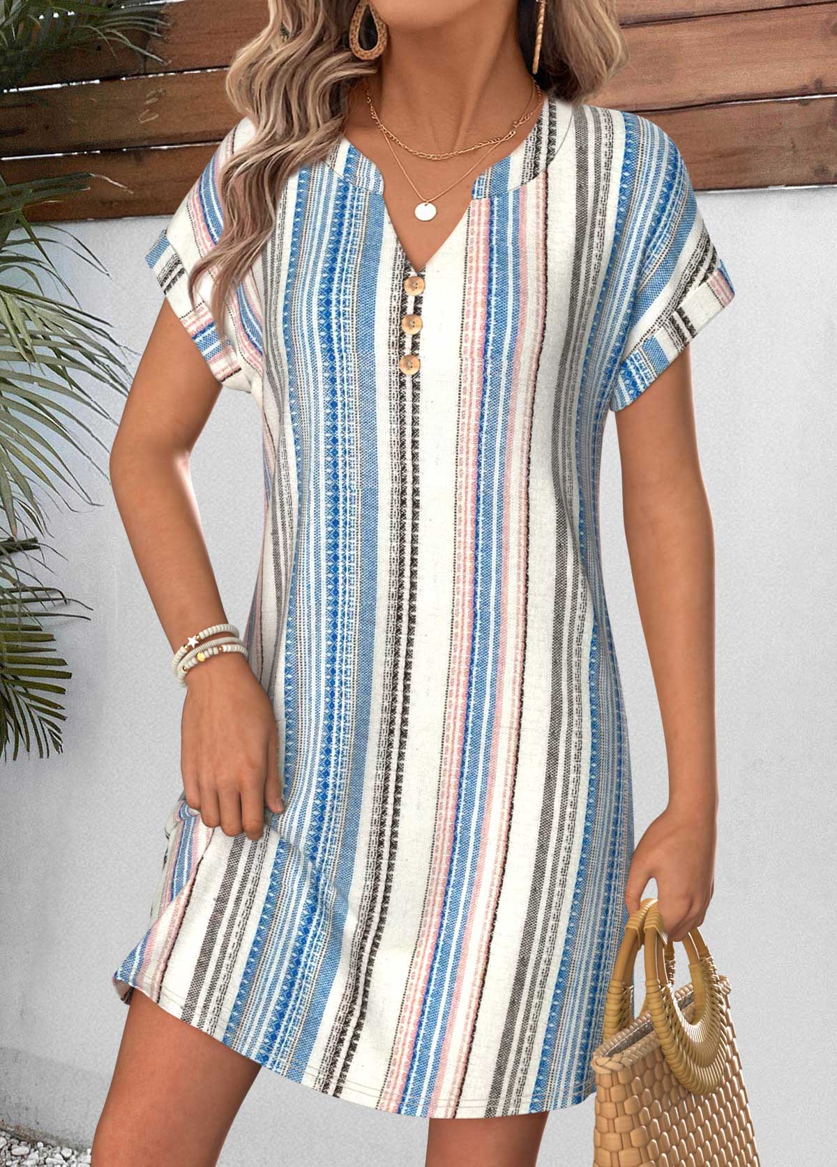 Striped Tummy Coverage Multi Color Short Split Neck Dress