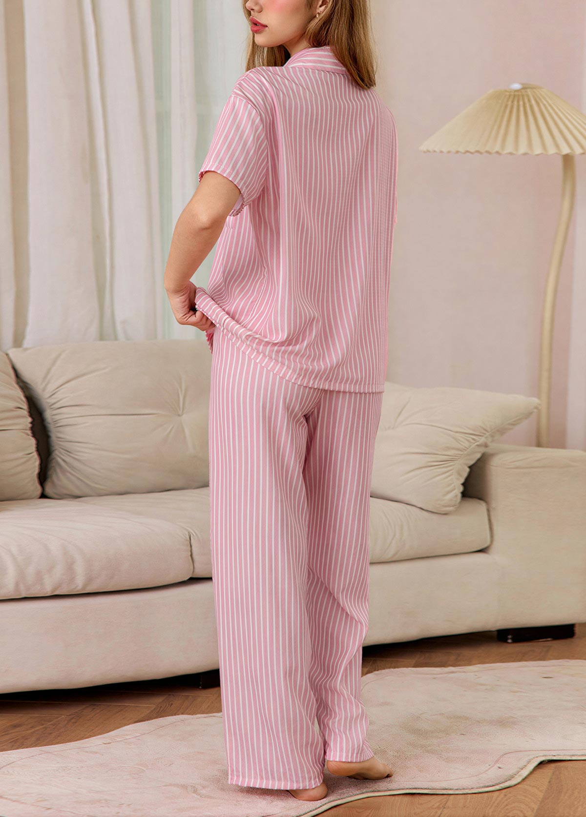 Striped Pink Shirt Collar Lounge Top and Pants