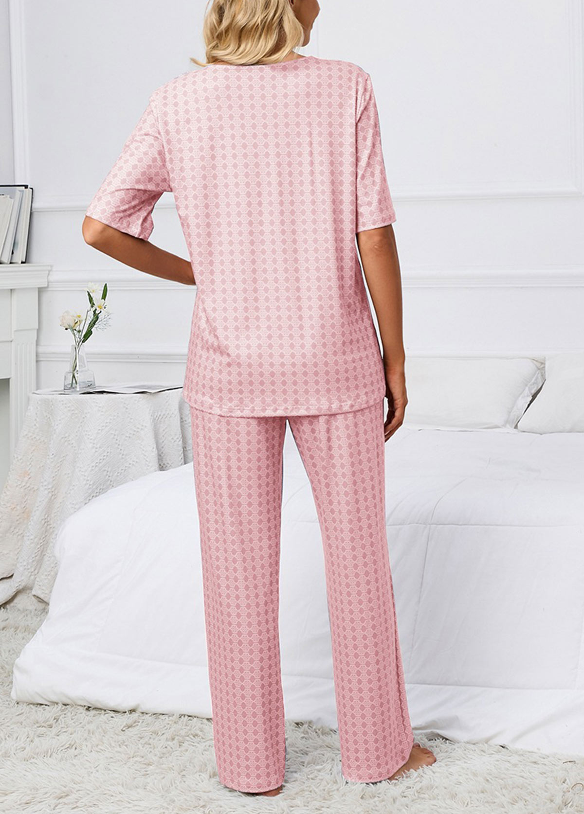 Geometric Print Pink V Neck Lounge Top and Pants