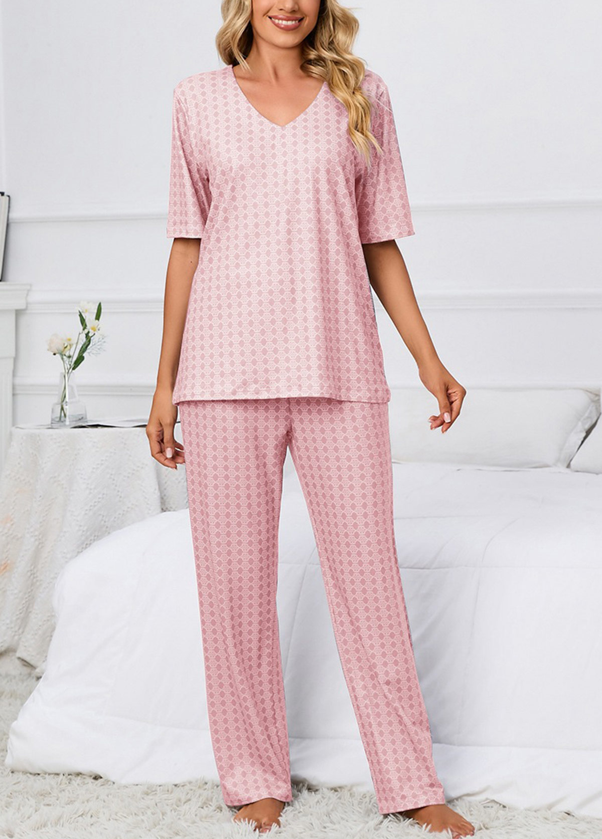 Geometric Print Pink V Neck Lounge Top and Pants