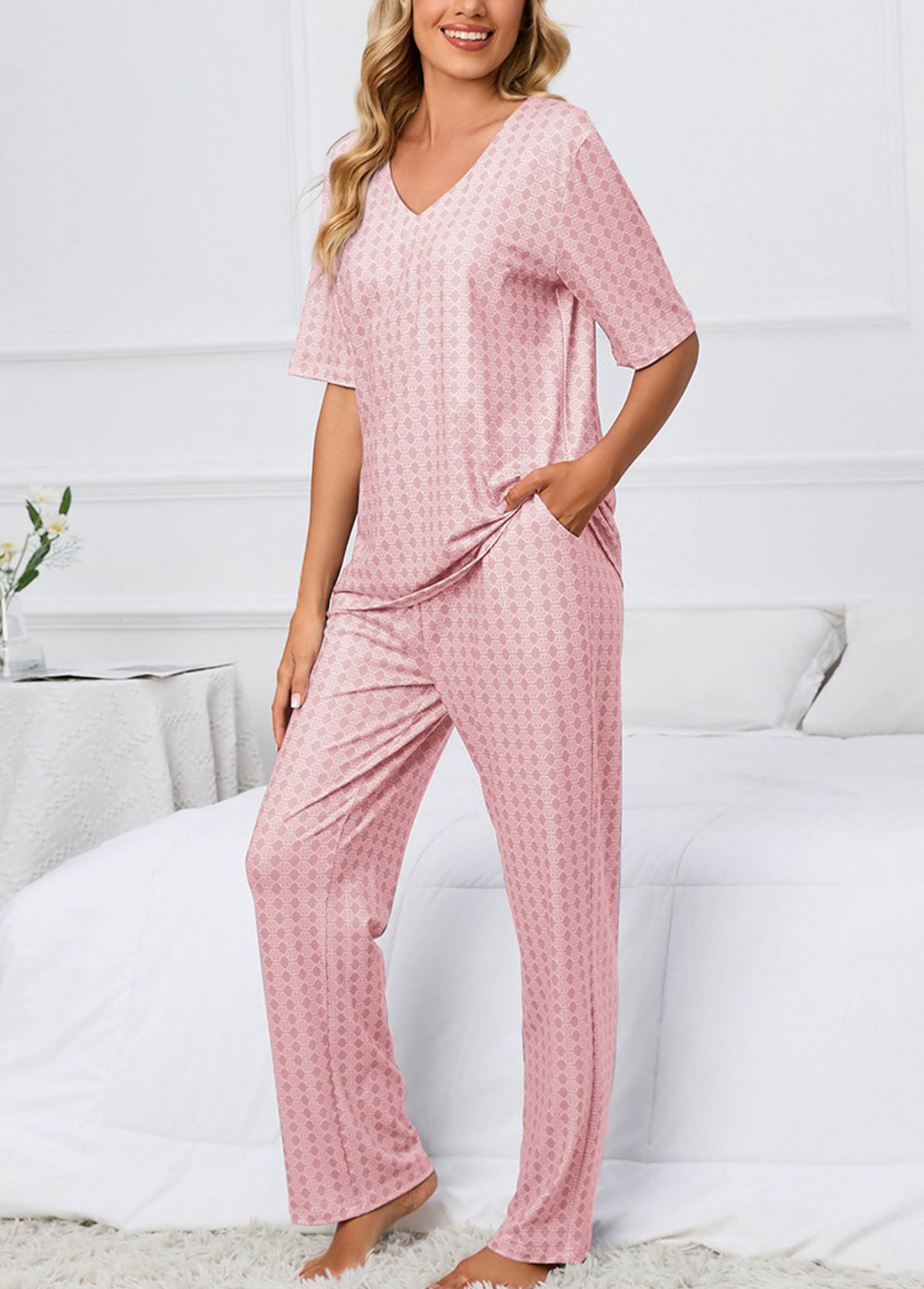 Geometric Print Pink V Neck Lounge Top and Pants