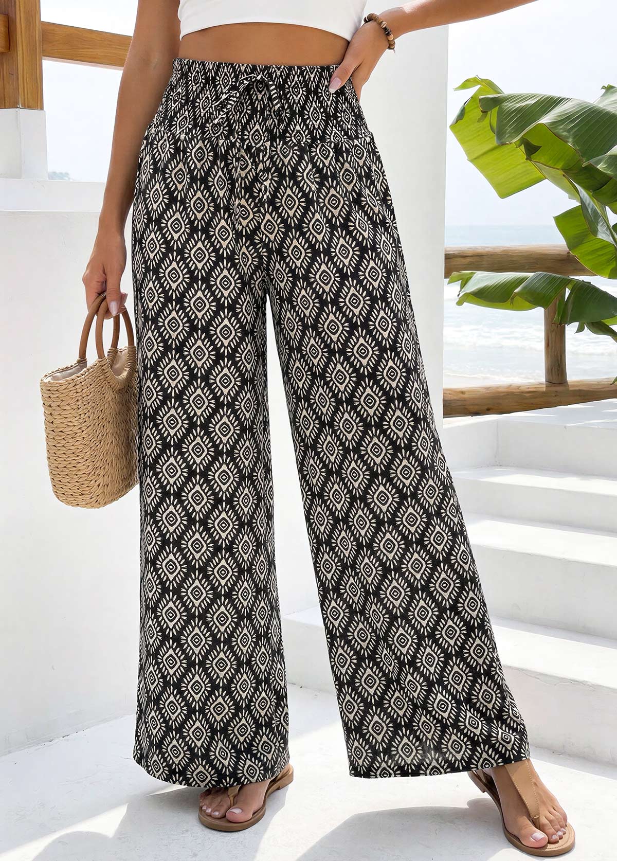 Geometric Print Black Straight Leg Elastic Waist Pants