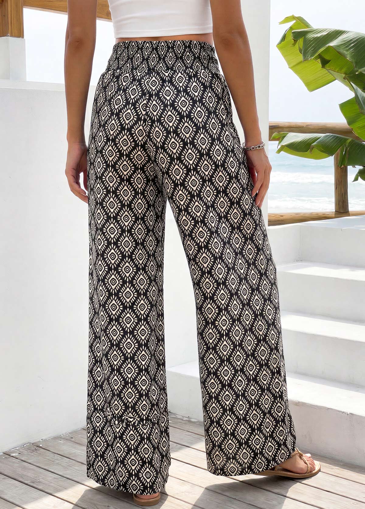 Geometric Print Black Straight Leg Elastic Waist Pants
