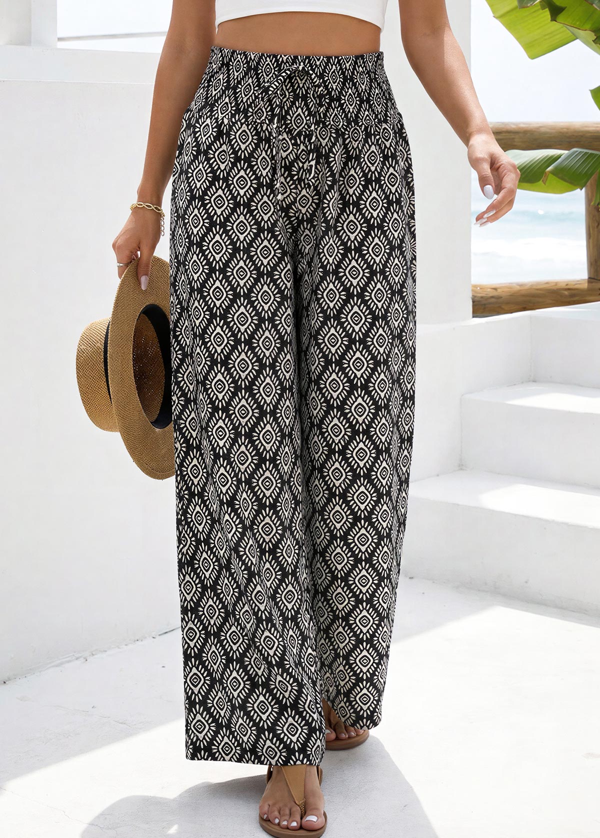 Geometric Print Black Straight Leg Elastic Waist Pants