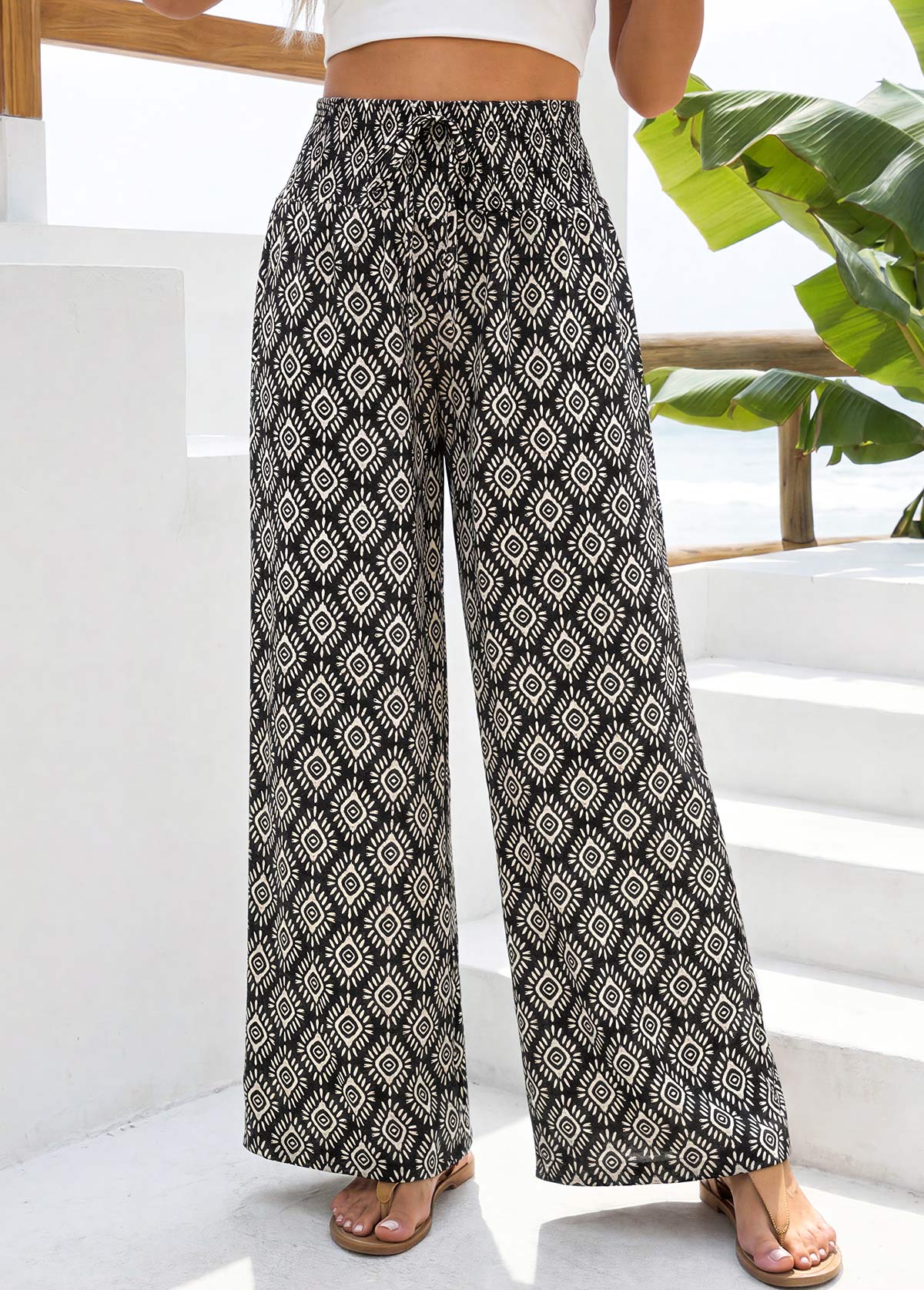 Geometric Print Black Straight Leg Elastic Waist Pants