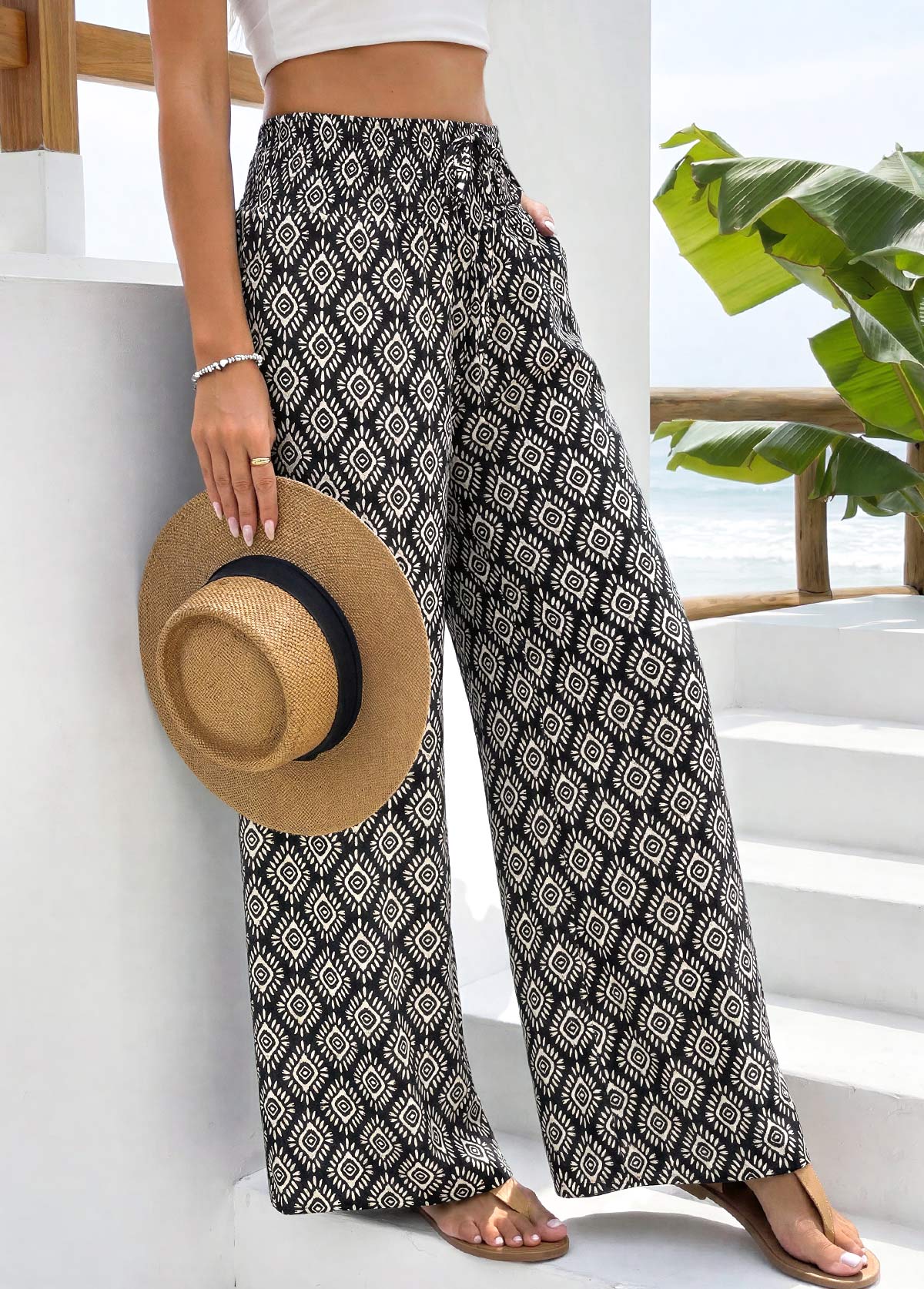 Geometric Print Black Straight Leg Elastic Waist Pants
