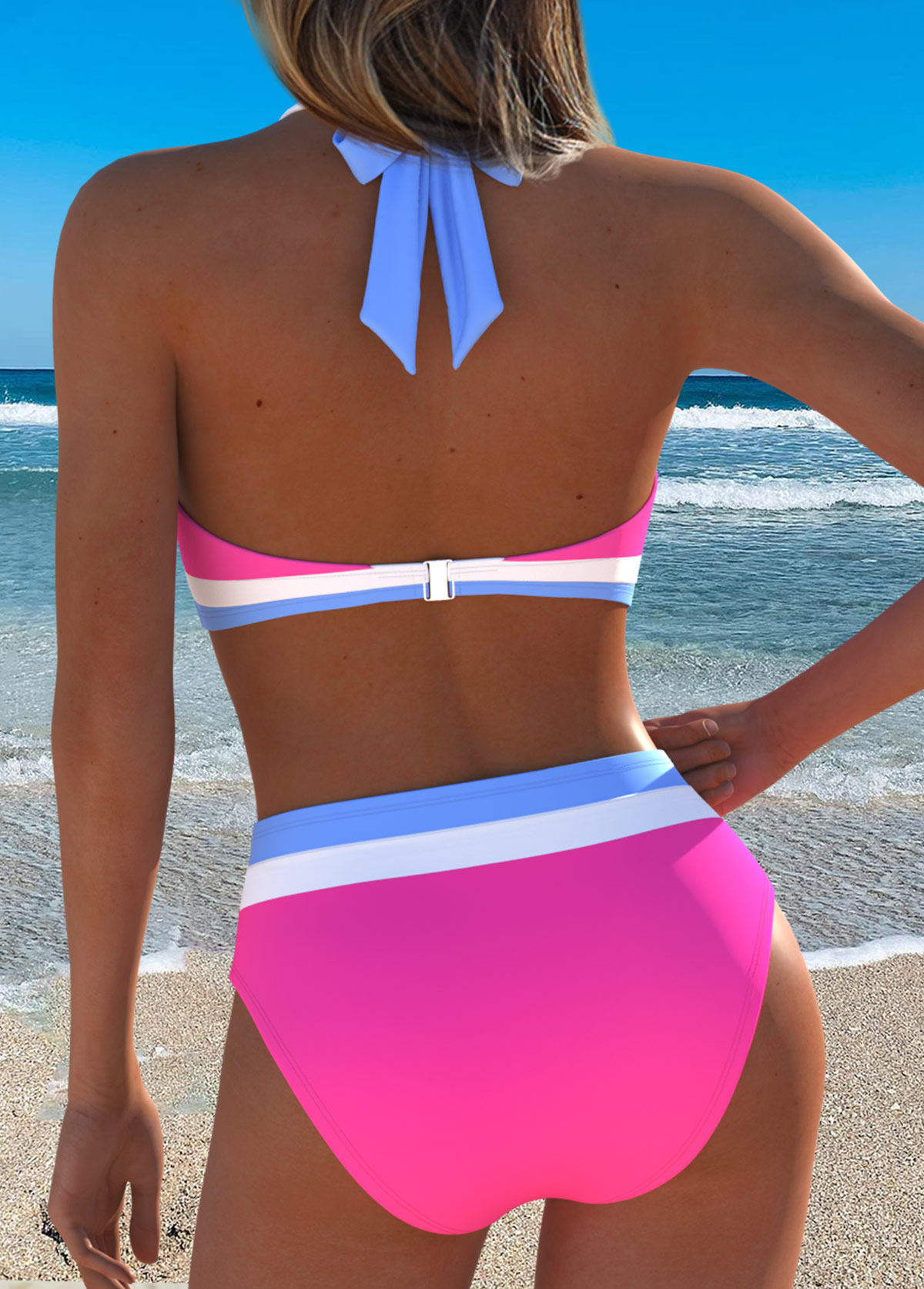 Mid Waisted Patchwork Hot Pink Bikini Set