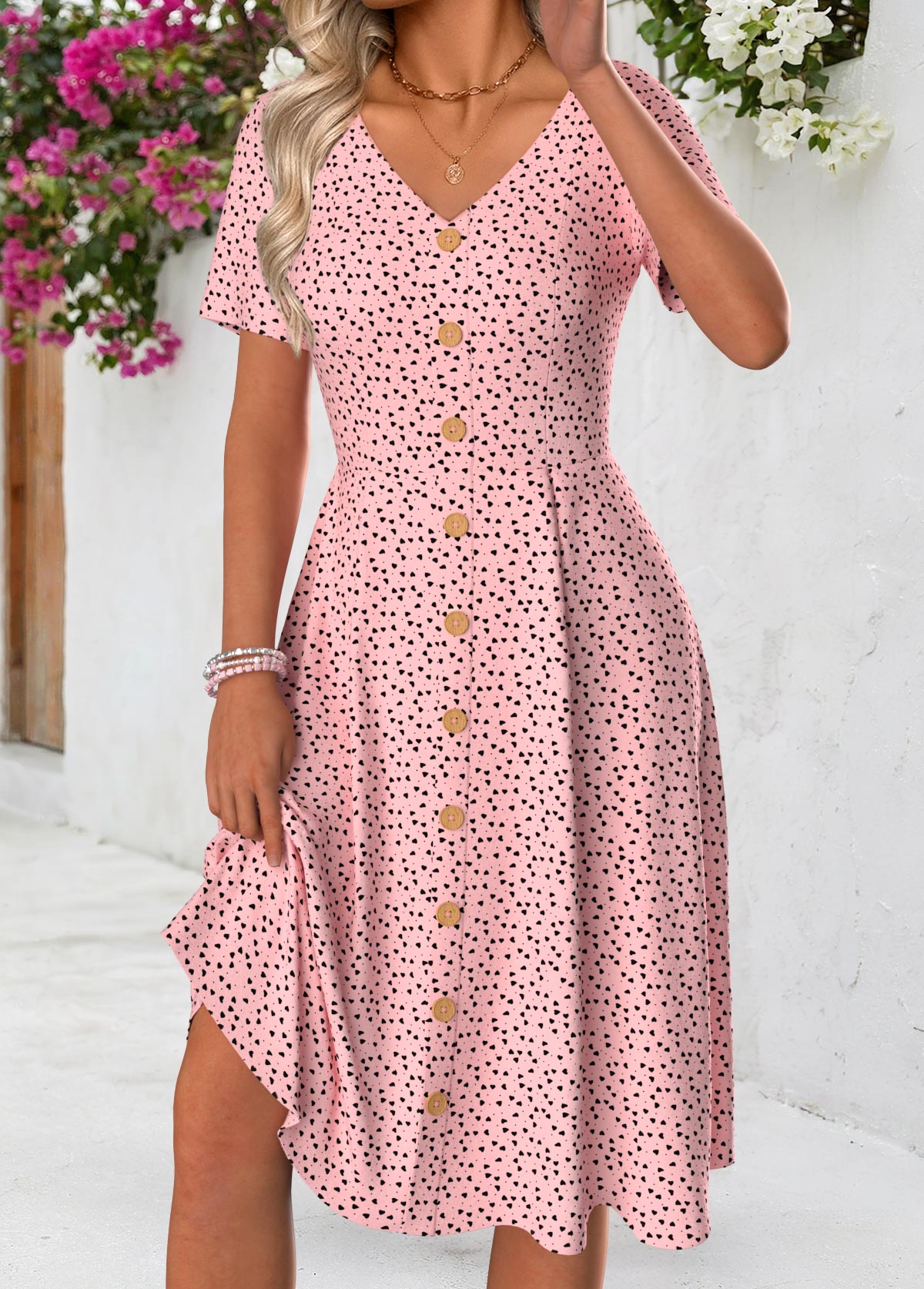 Polka Dot Pink Short Sleeve V Neck Dress