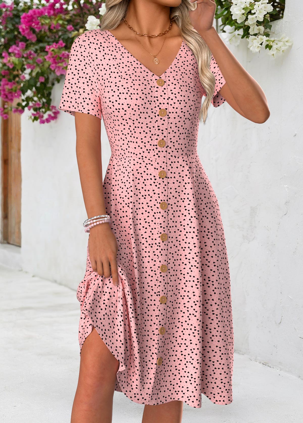 Polka Dot Pink Short Sleeve V Neck Dress