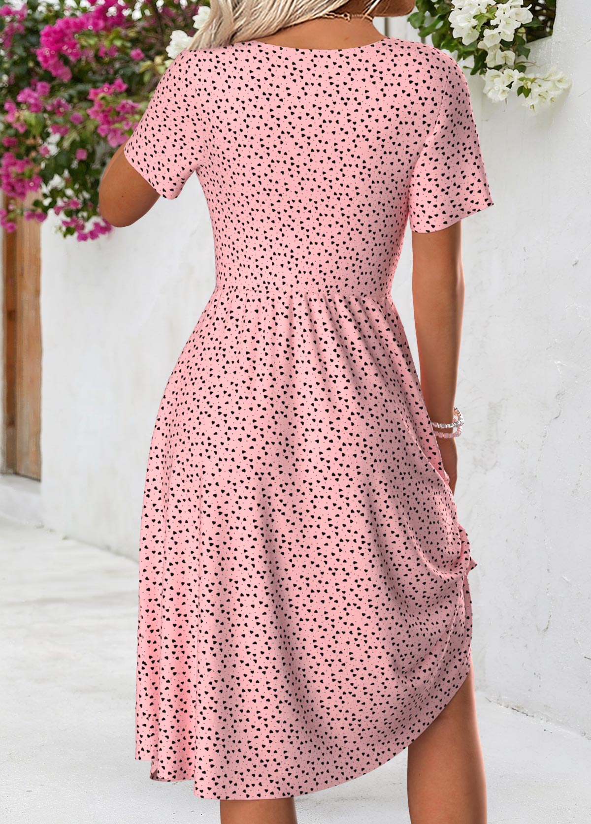 Polka Dot Pink Short Sleeve V Neck Dress