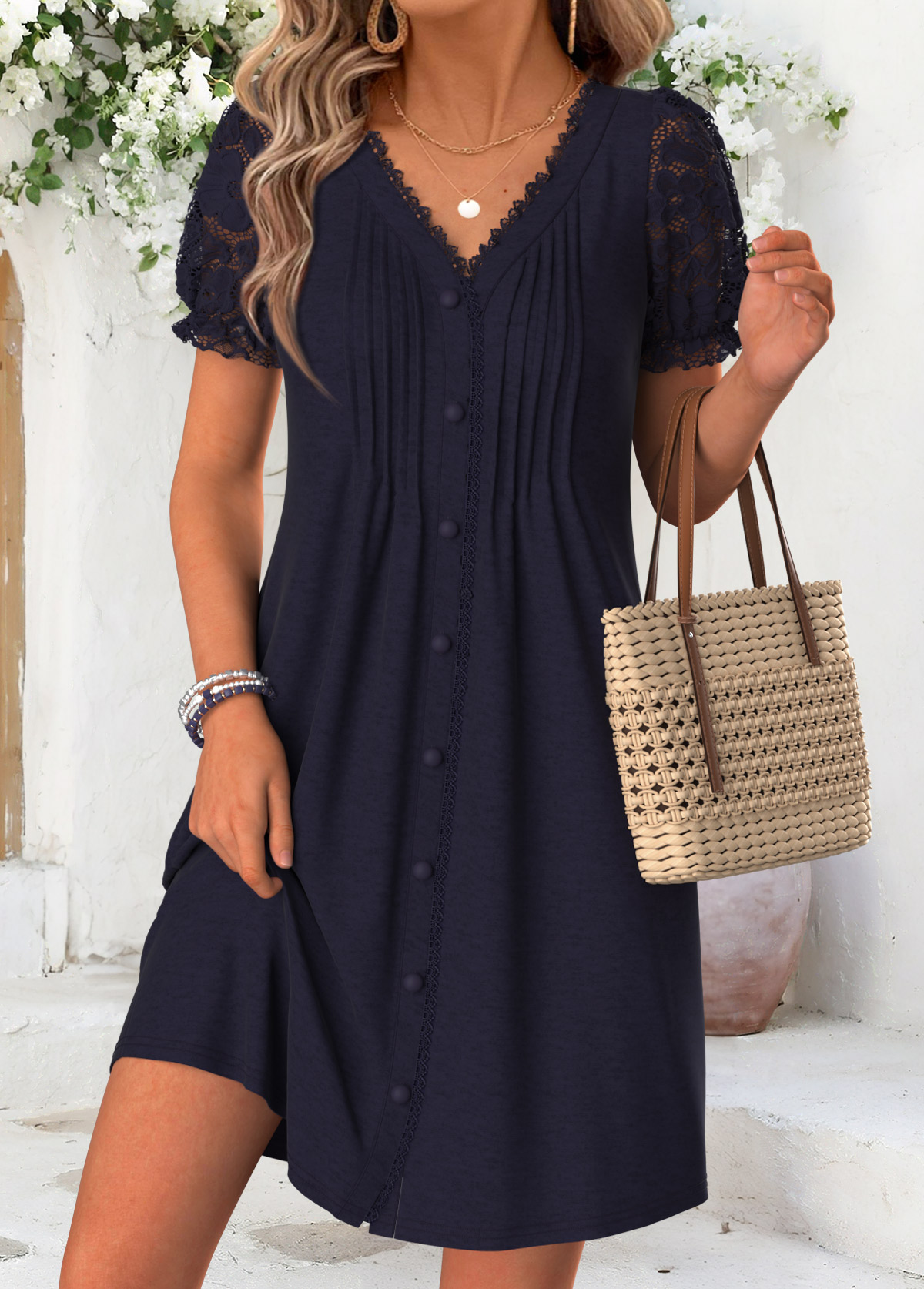 Tuck Stitch Navy Short V Neck Dress