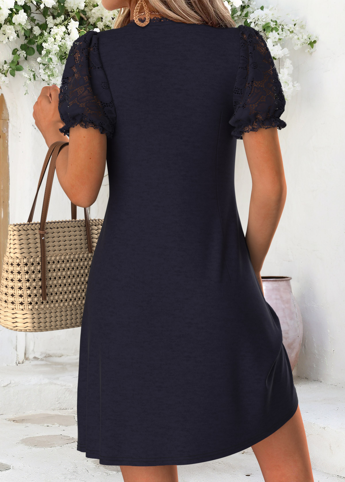 Tuck Stitch Navy Short V Neck Dress