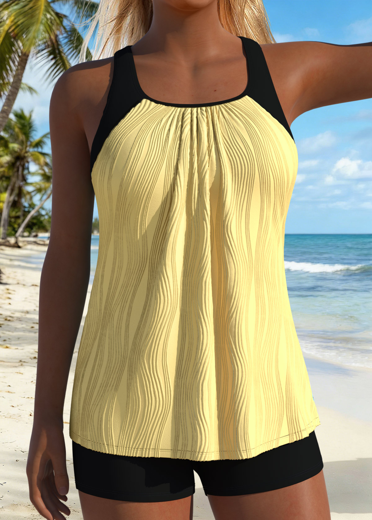 Layered Cyan Ruched Patchwork Tankini Top-No Bottom