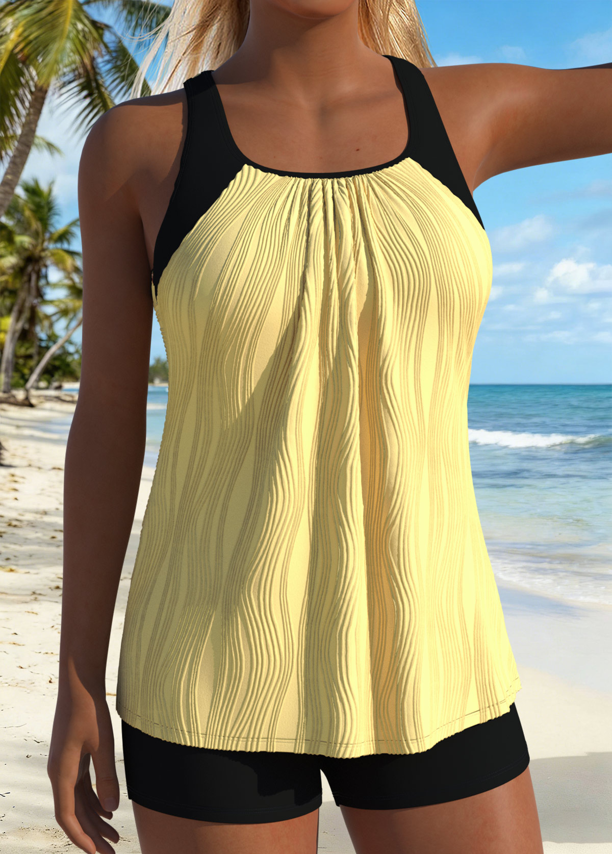 Layered Cyan Ruched Patchwork Tankini Top-No Bottom