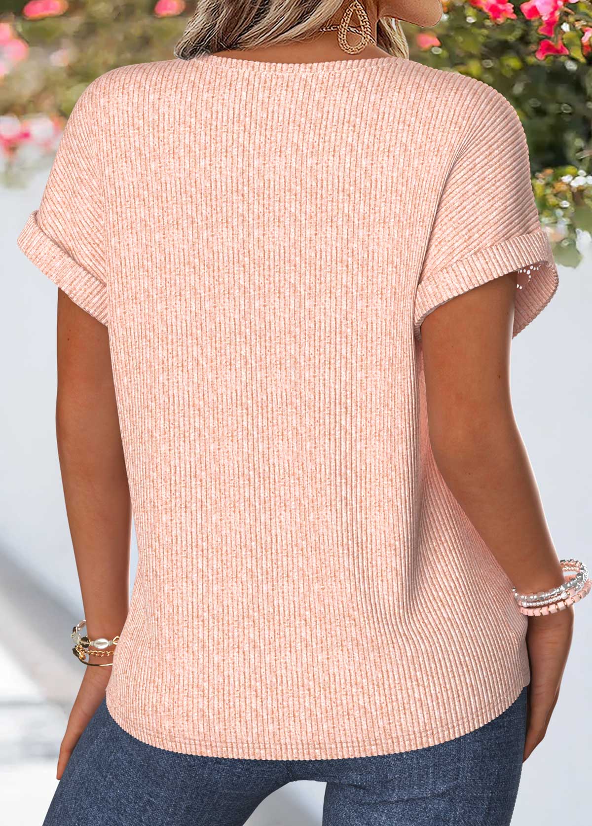 Patchwork Light Pink Short Sleeve Split Neck Blouse
