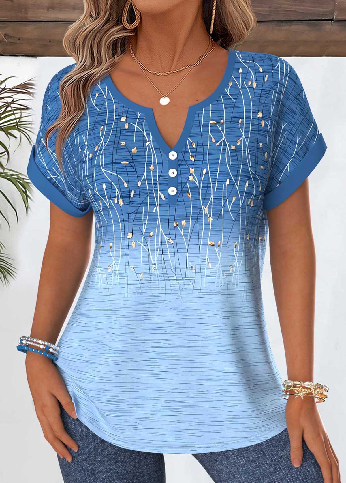 Ombre Tummy Coverage Blue Short Sleeve Split Neck Blouse