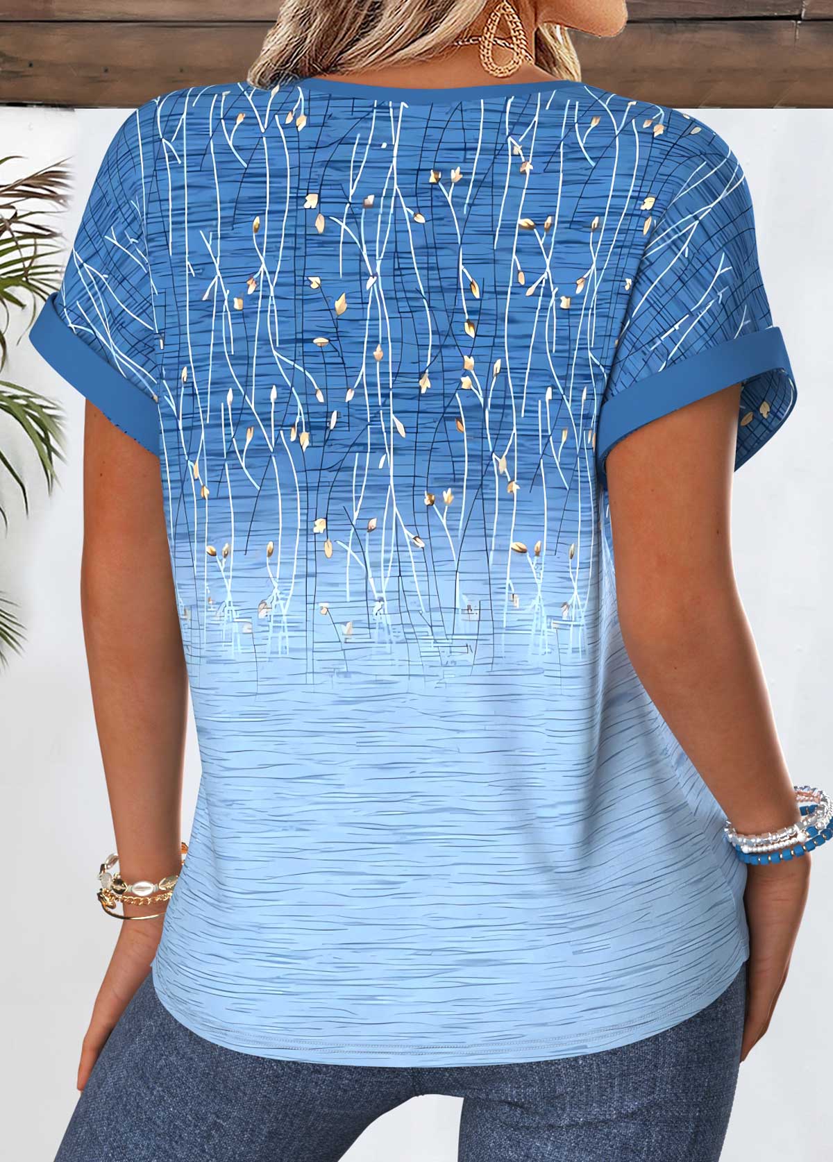Ombre Tummy Coverage Blue Short Sleeve Split Neck Blouse
