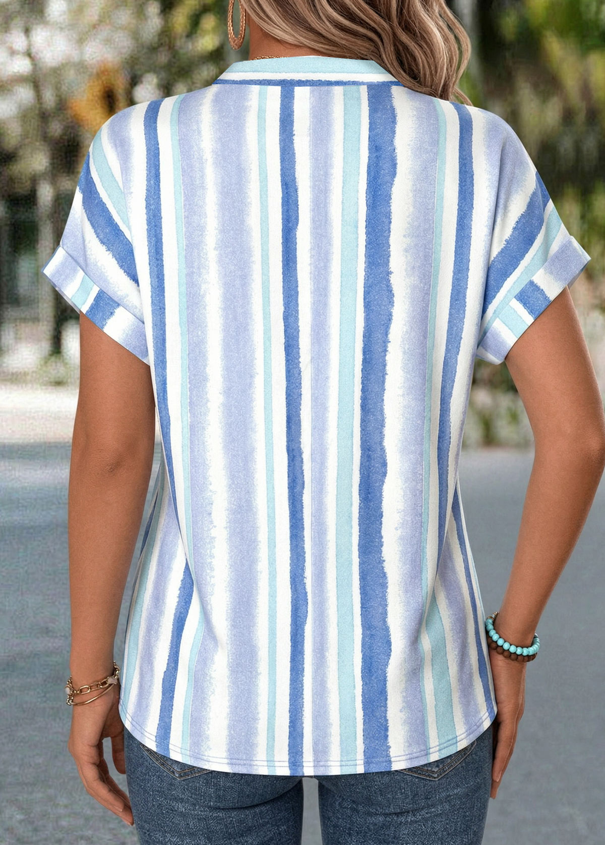 Geometric Print Tummy Coverage Light Blue Short Sleeve Blouse