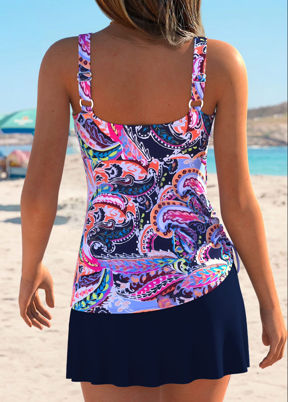 Mid Waisted Paisley Print Drawstring Multi Color Tankini Set