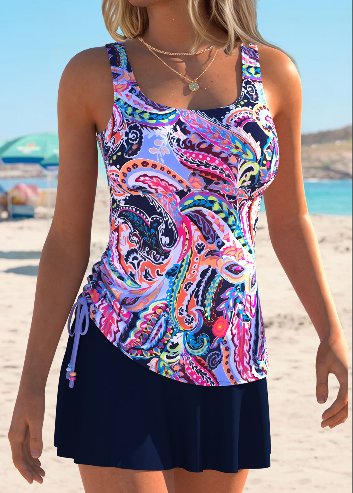 Mid Waisted Paisley Print Drawstring Multi Color Tankini Set