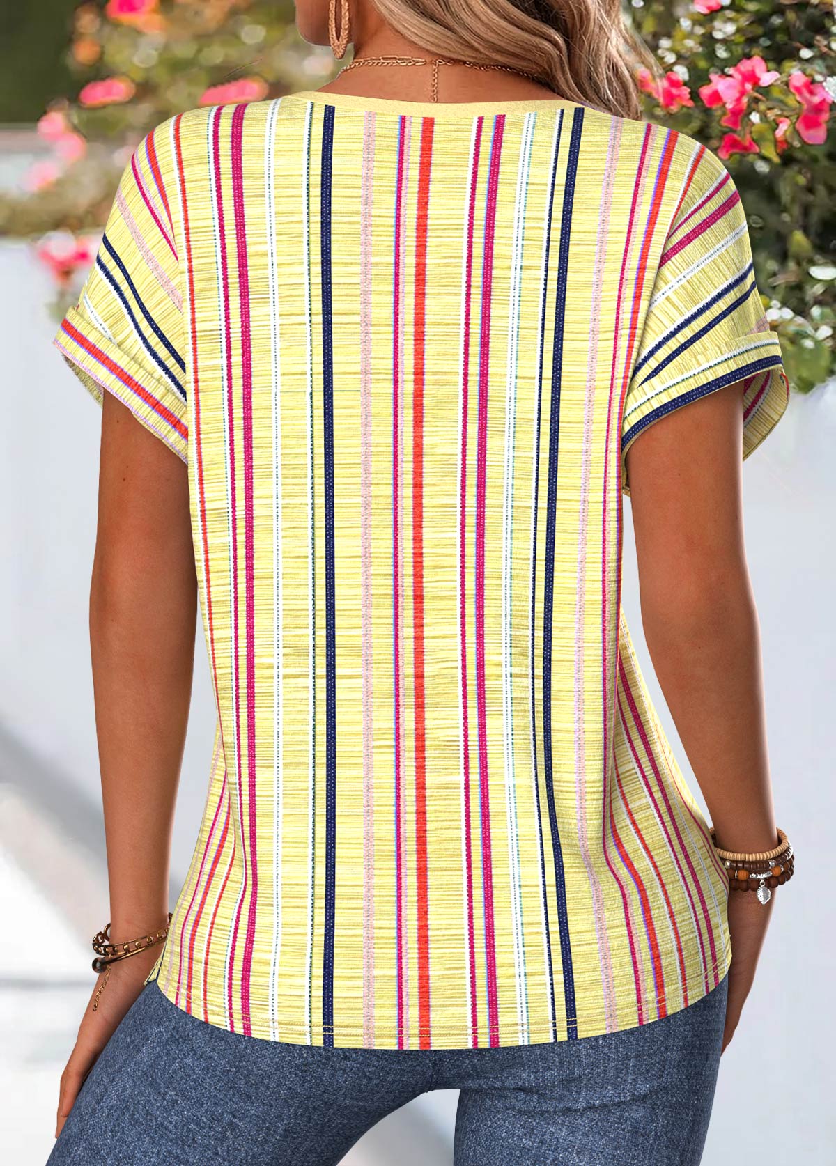 Multi Stripe Print Tummy Coverage Yellow Blouse