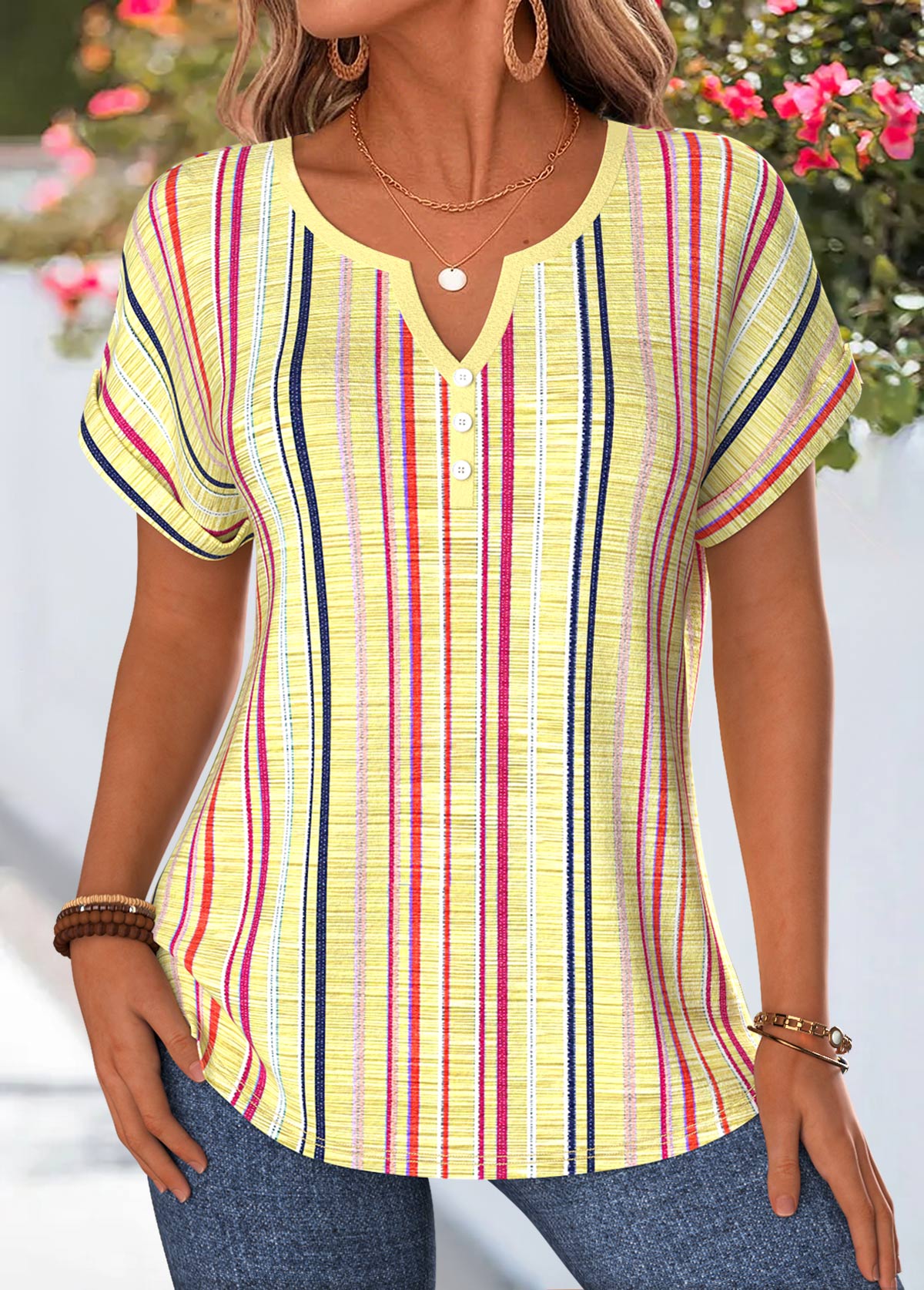 Multi Stripe Print Tummy Coverage Yellow Blouse