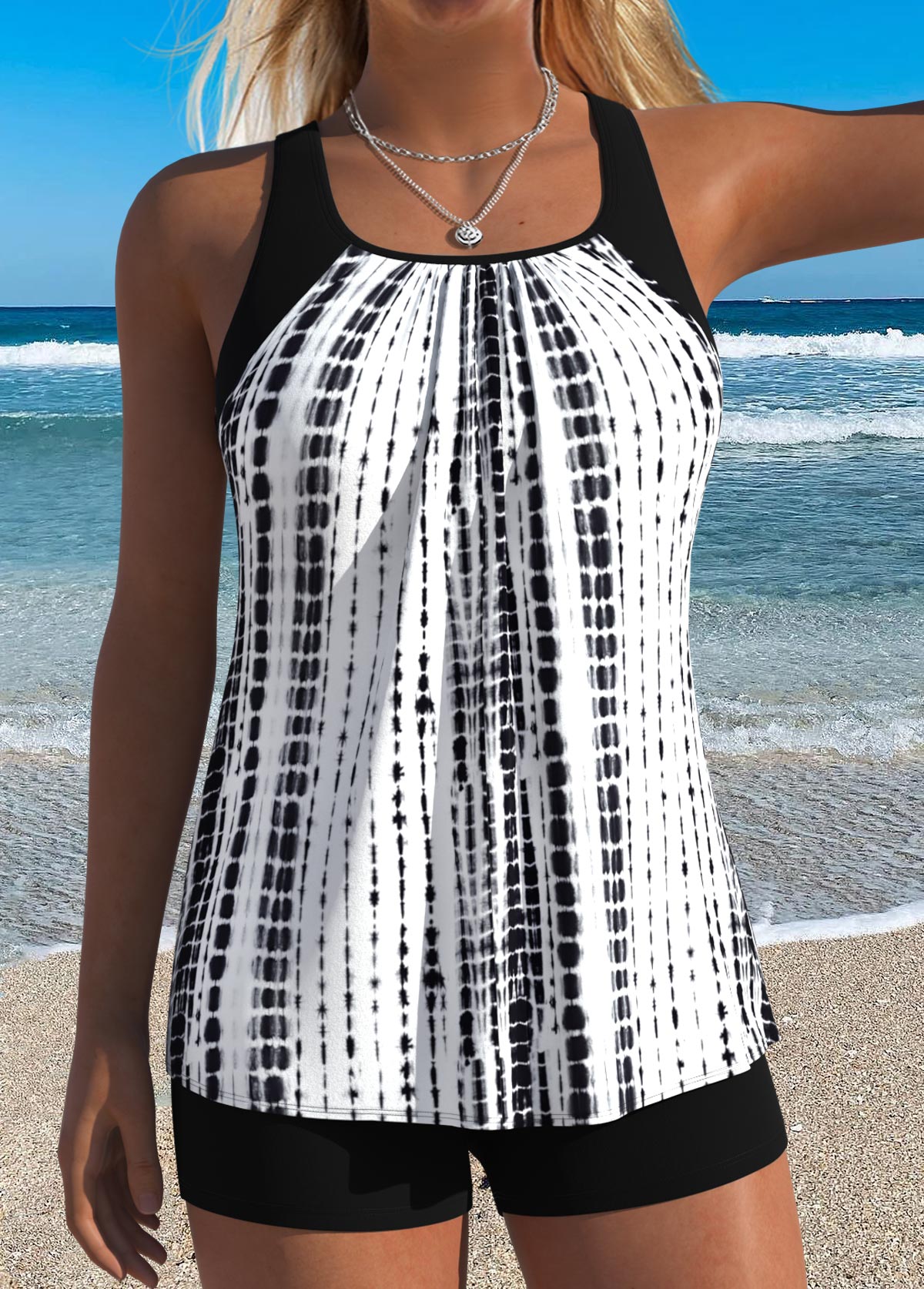 Tie Dye Print Patchwork Black Tankini Top-No Bottom