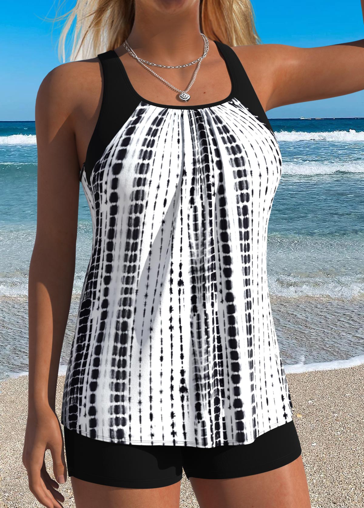 Tie Dye Print Patchwork Black Tankini Top-No Bottom