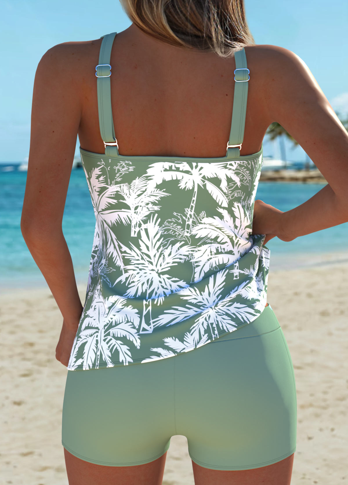 Mid Waisted Tropical Plants Print Patchwork Tankini Set