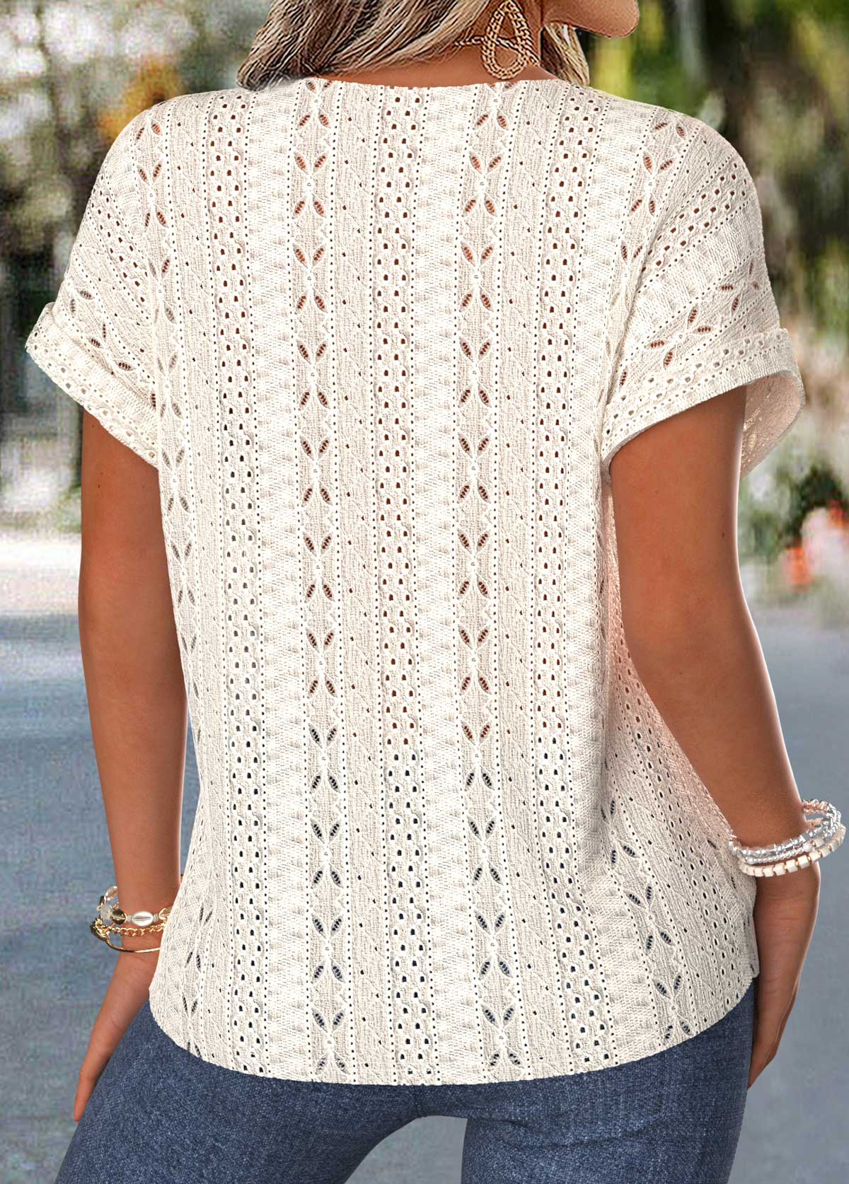 Tummy Coverage Beige Short Sleeve Round Neck Blouse