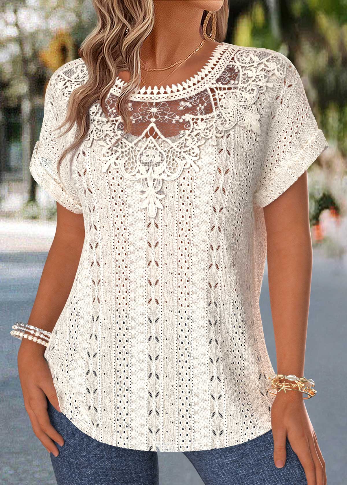 Tummy Coverage Beige Short Sleeve Round Neck Blouse