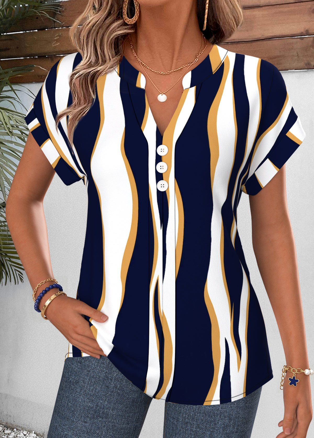 Geometric Print Curved Hem Navy Short Sleeve Blouse