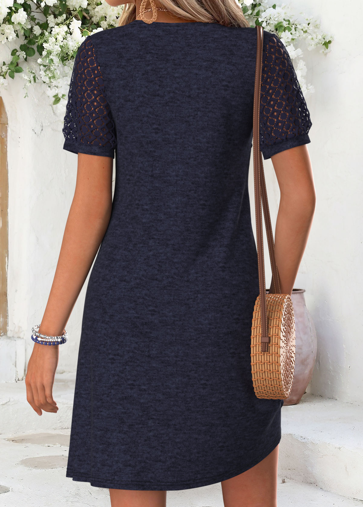 Patchwork Navy Short Round Neck Dress