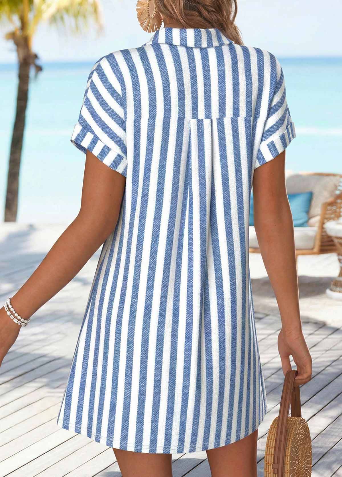 Striped Tummy Coverage Denim Blue Short Shirt Collar Dress