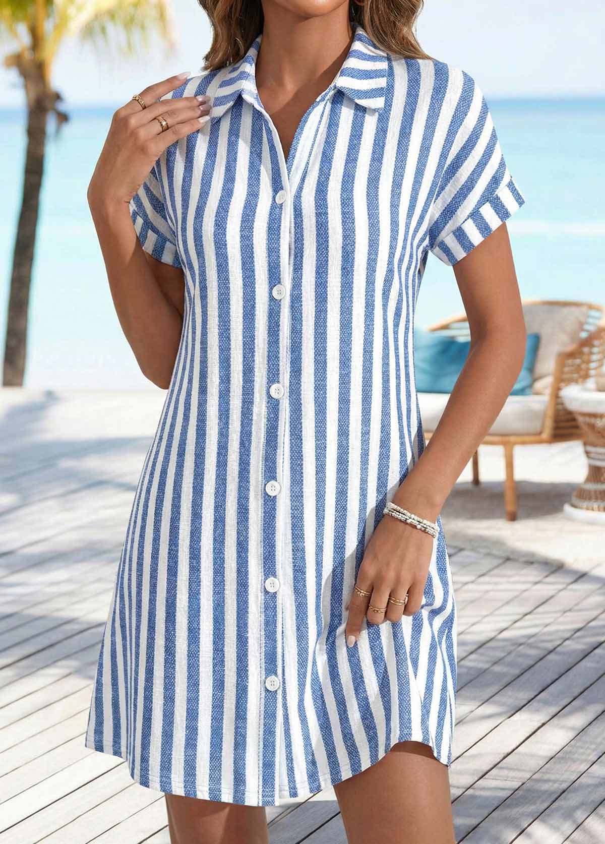 Striped Tummy Coverage Denim Blue Short Shirt Collar Dress