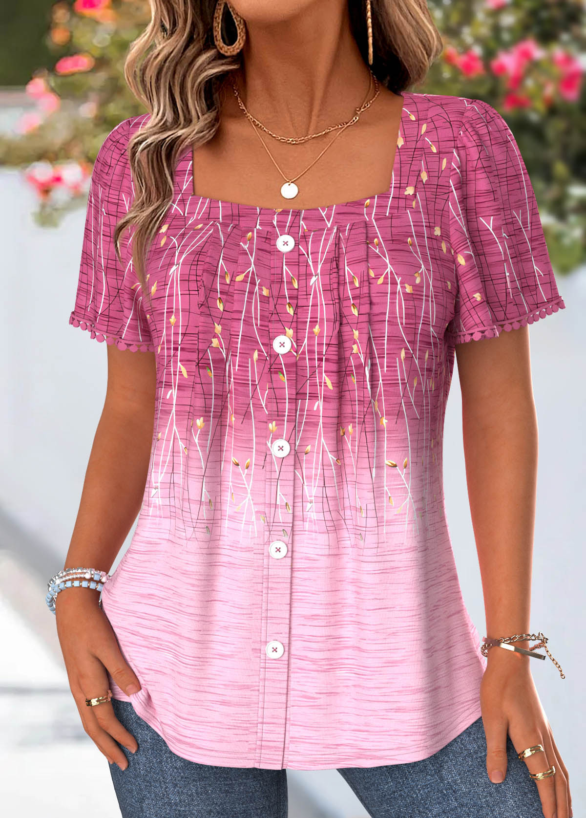 Ombre Tummy Coverage Pink Short Sleeve Square Neck Blouse