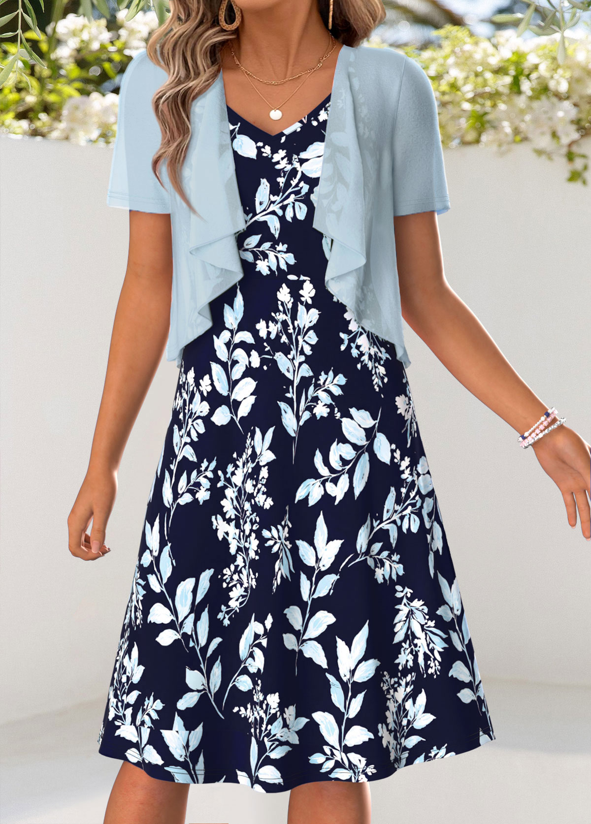 Leaf Print Tummy Coverage Light Blue Dress and Cardigan