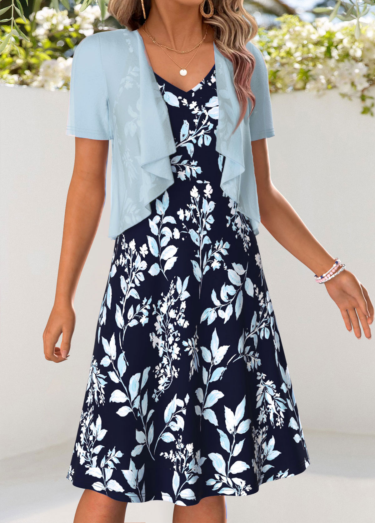 Leaf Print Tummy Coverage Light Blue Dress and Cardigan