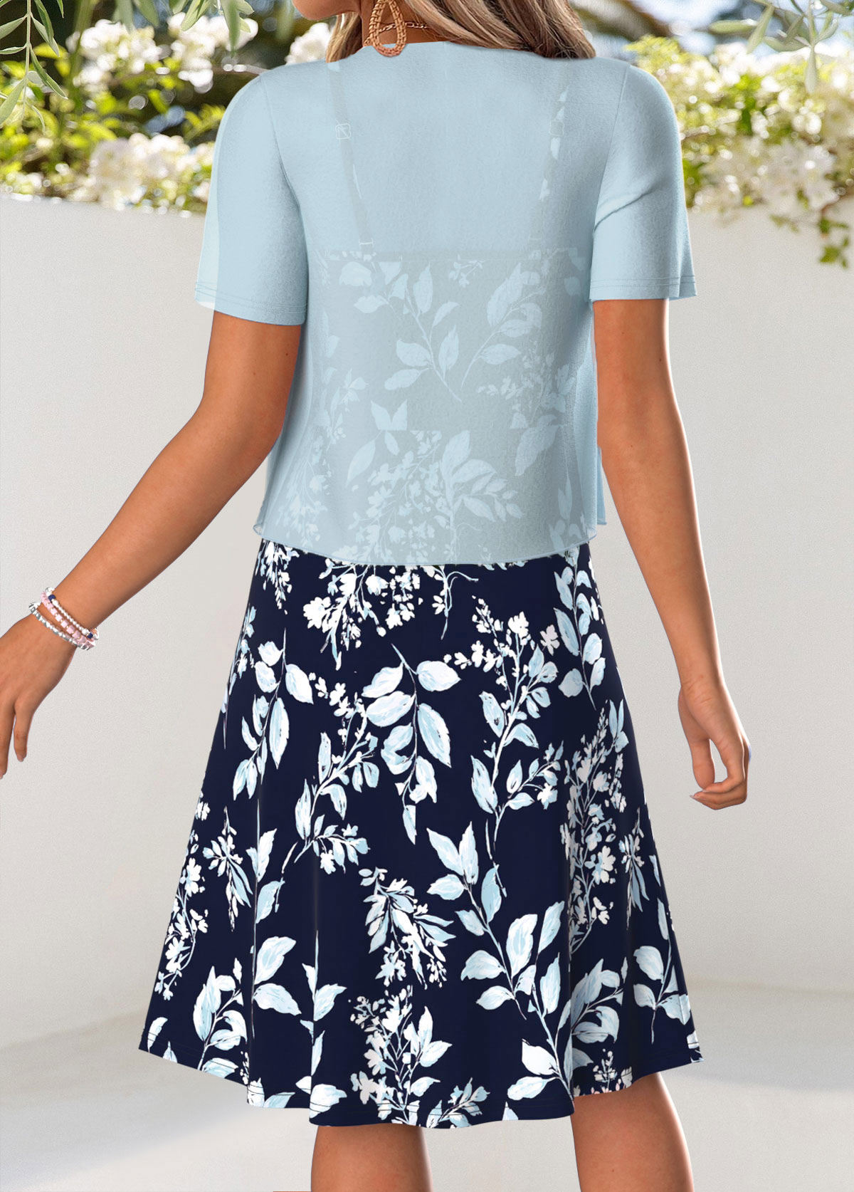 Leaf Print Tummy Coverage Light Blue Dress and Cardigan