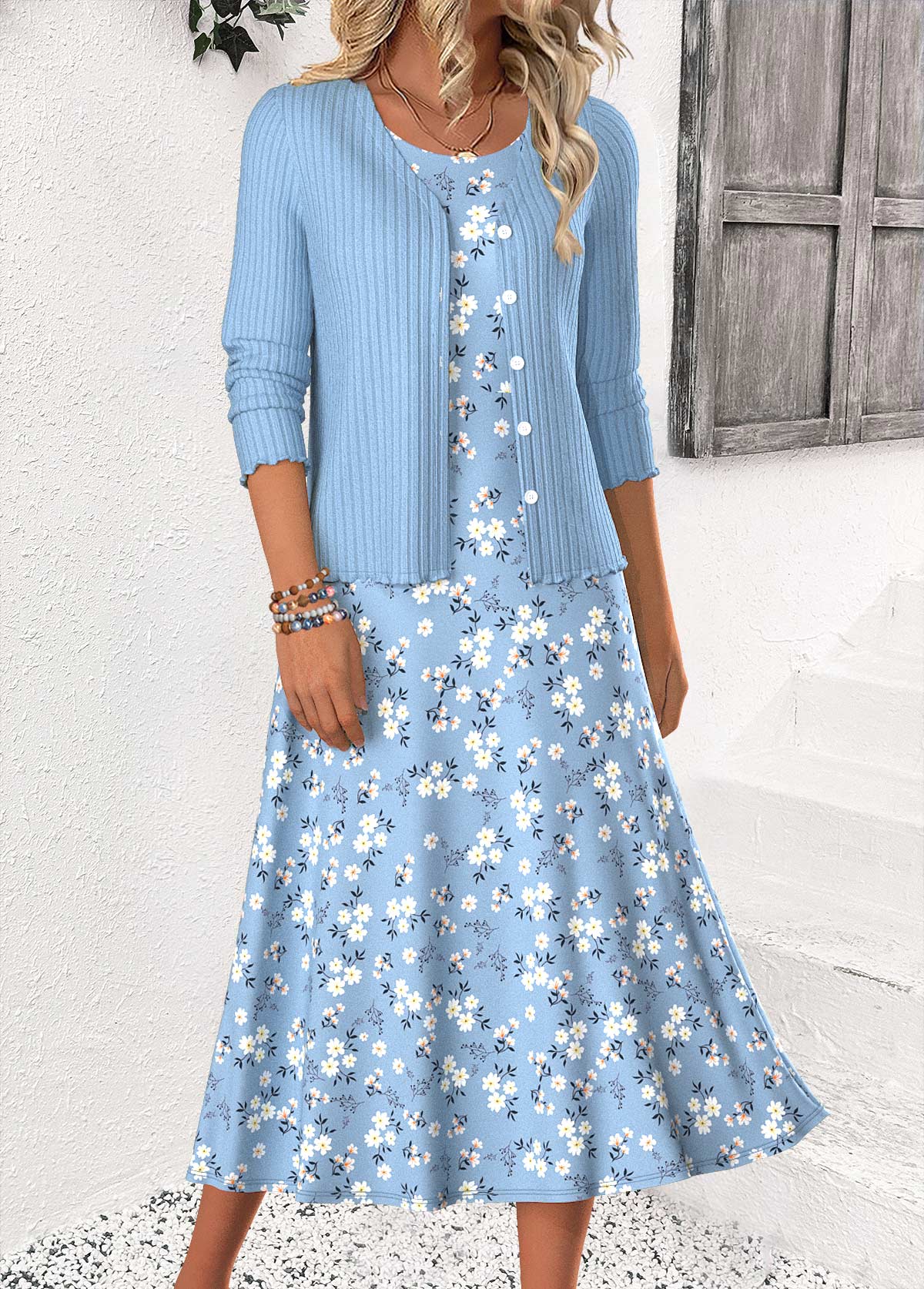 Ditsy Floral Print Blue Dress and Cardigan
