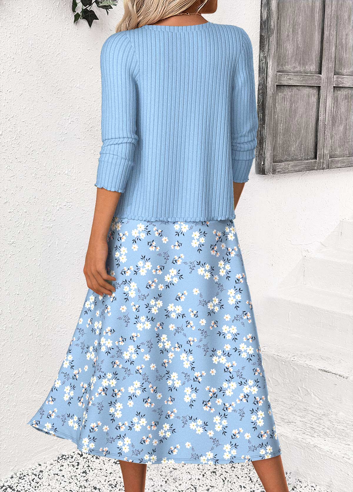 Ditsy Floral Print Blue Dress and Cardigan
